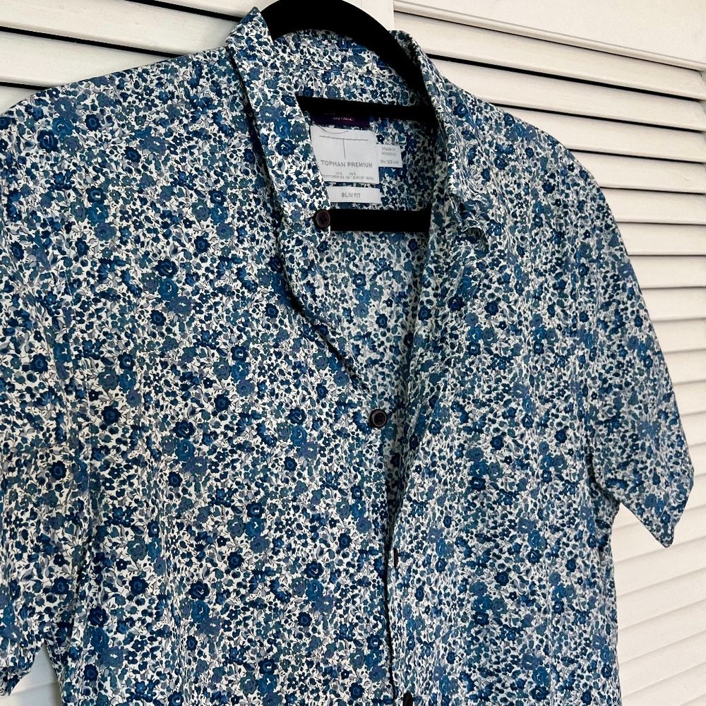 Topman Premium Liberty Blue Floral Print Short Sleeve Button-Up Shirt